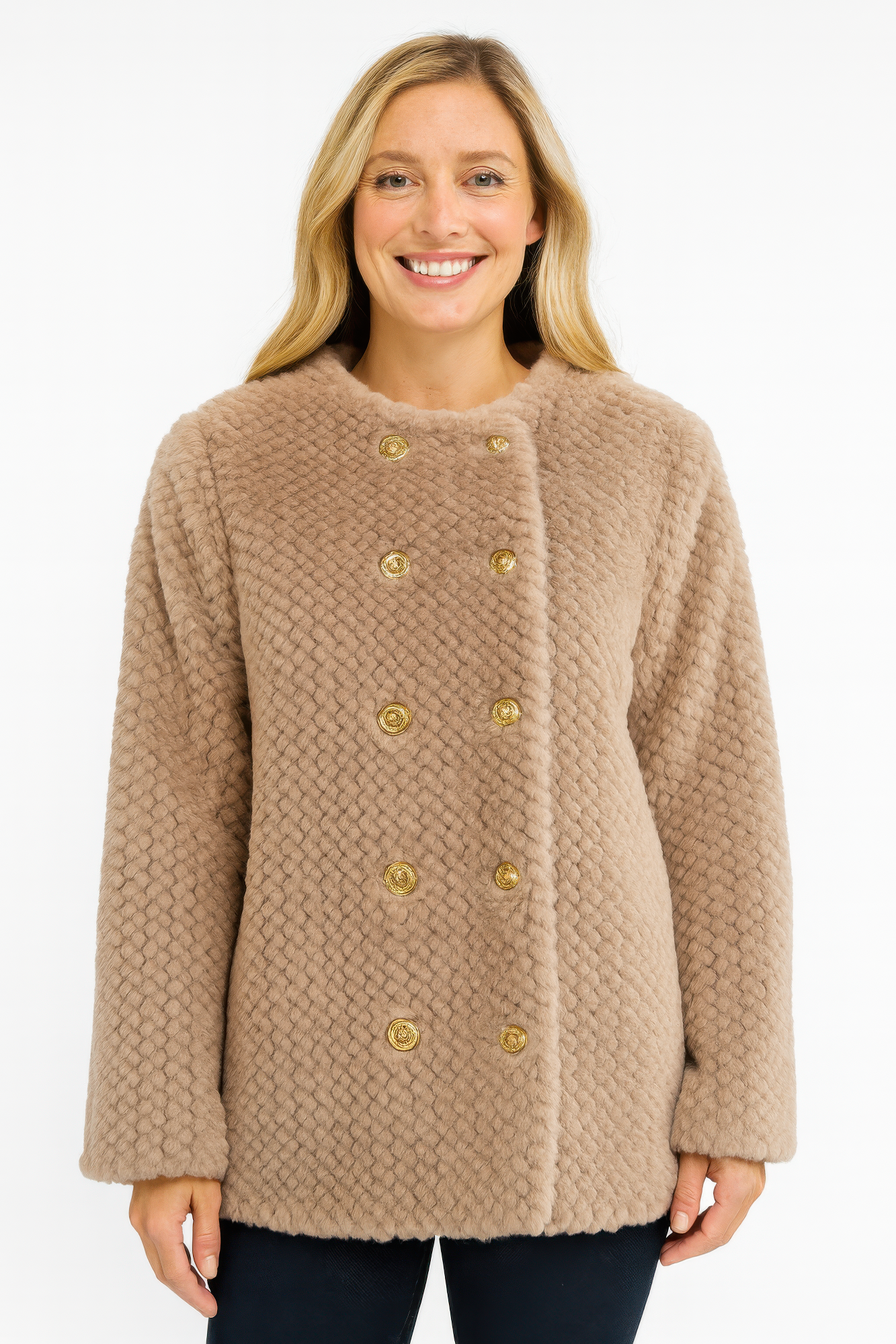 Khaki faux shearling double-breasted jacket with textured knit and gold button front