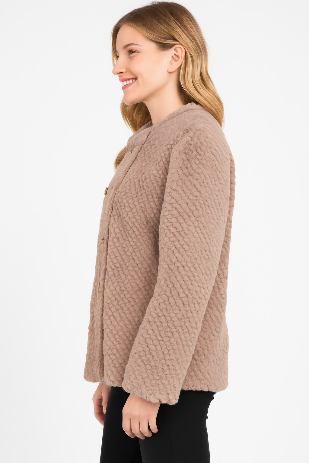 Khaki textured faux shearling jacket, side view with double-breast button placket
