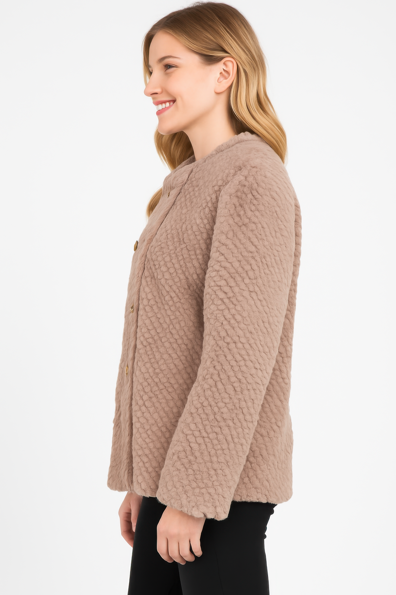 Khaki textured faux shearling jacket, side view with double-breast button placket