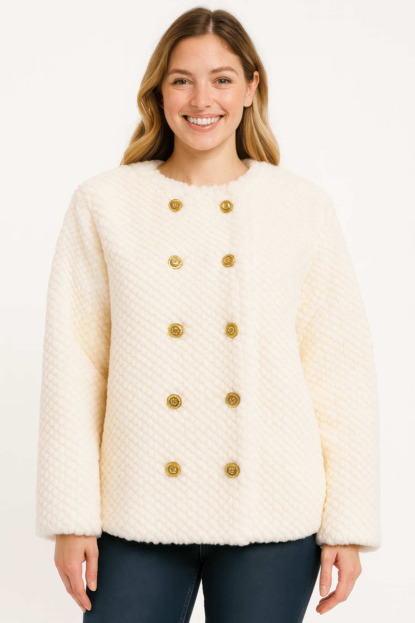 Ivory faux shearling double-breasted jacket with textured pattern and gold buttons