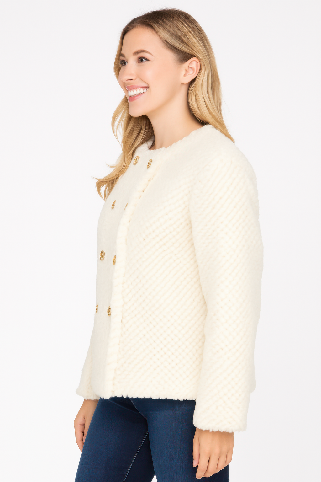 Ivory textured faux shearling double-breasted jacket, side view with gold buttons