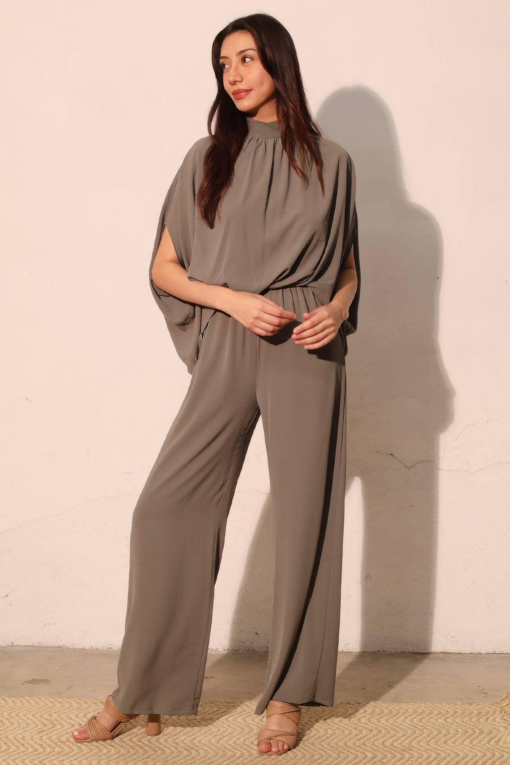 Gray mock neck caftan jumpsuit, loose dolman sleeves and gathered waist