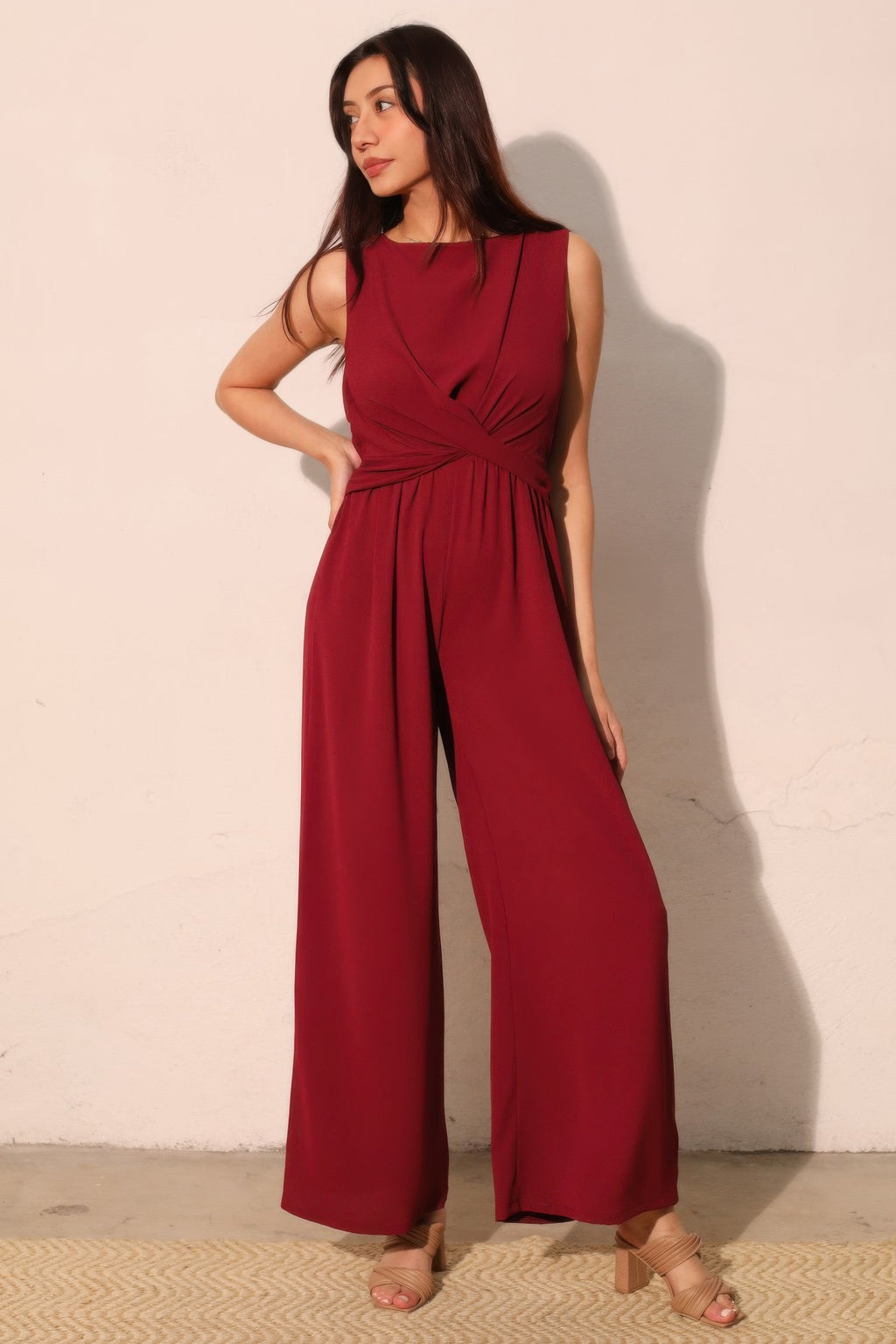 Textured Solid Twist Front Jumpsuit, wine red sleeveless wide-leg