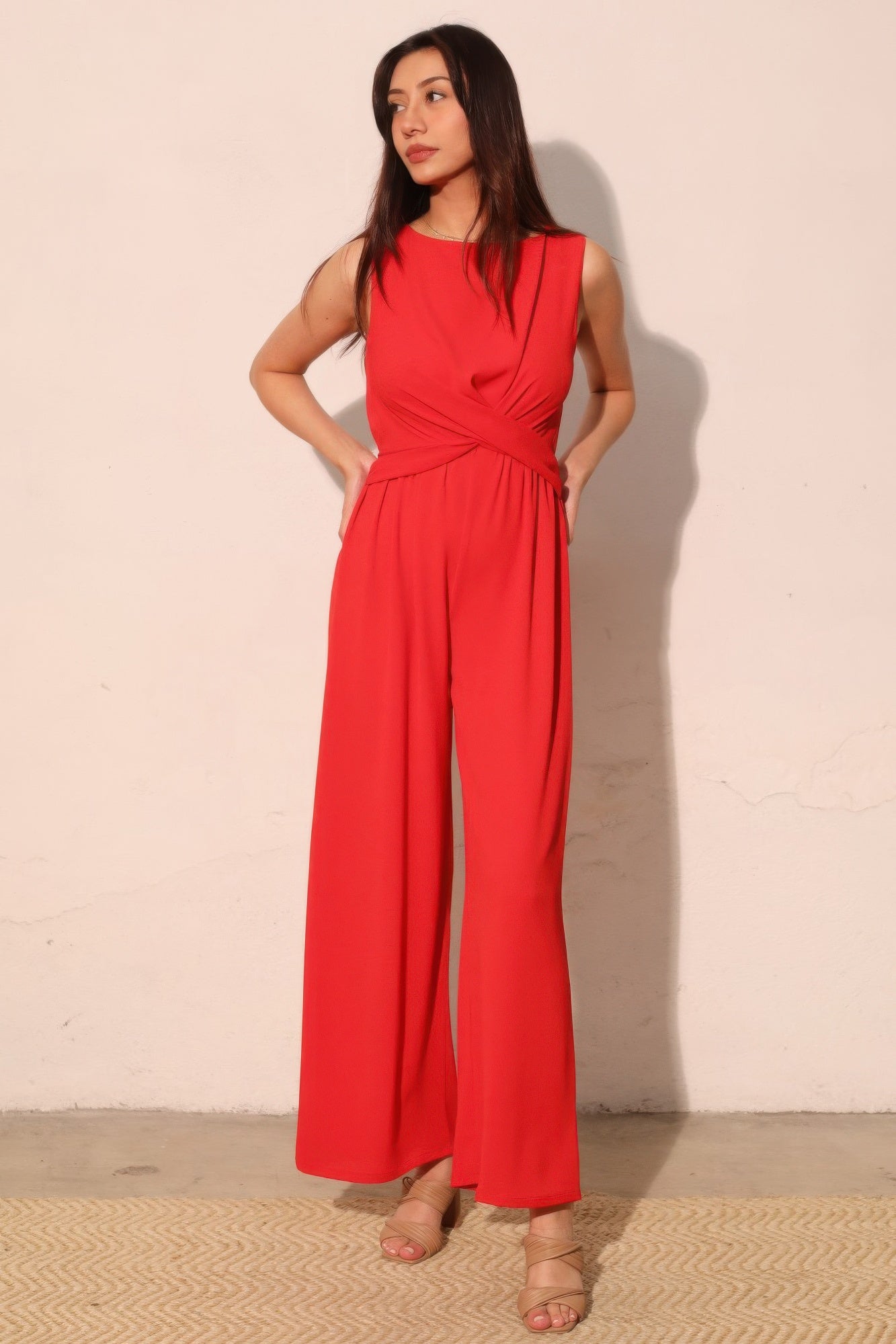 True red twist-front jumpsuit, sleeveless wide-leg trousers