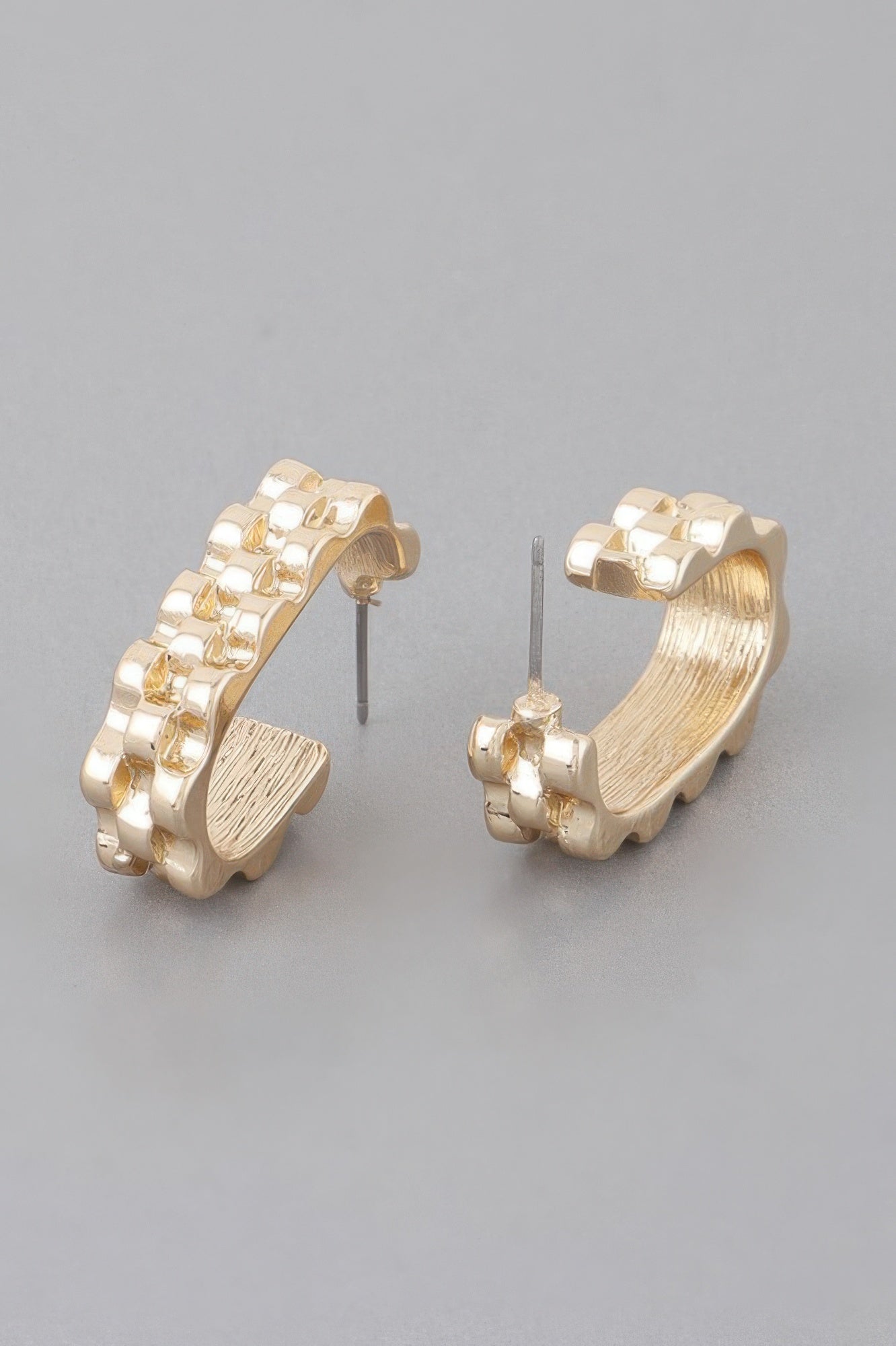 Textured brass cuff earrings, gold-tone, checker-texture hoops with stud backs