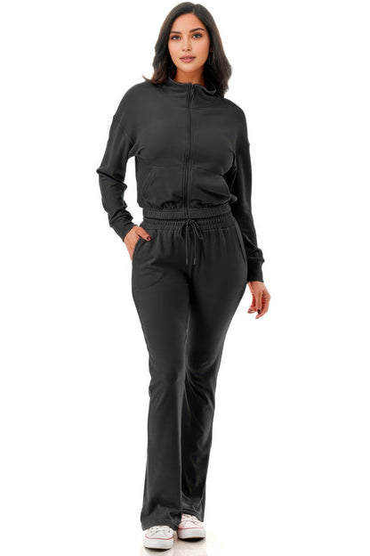Thermal Crop Jacket With Flare Pants Set - Tigbul's Variety Fashion Shop