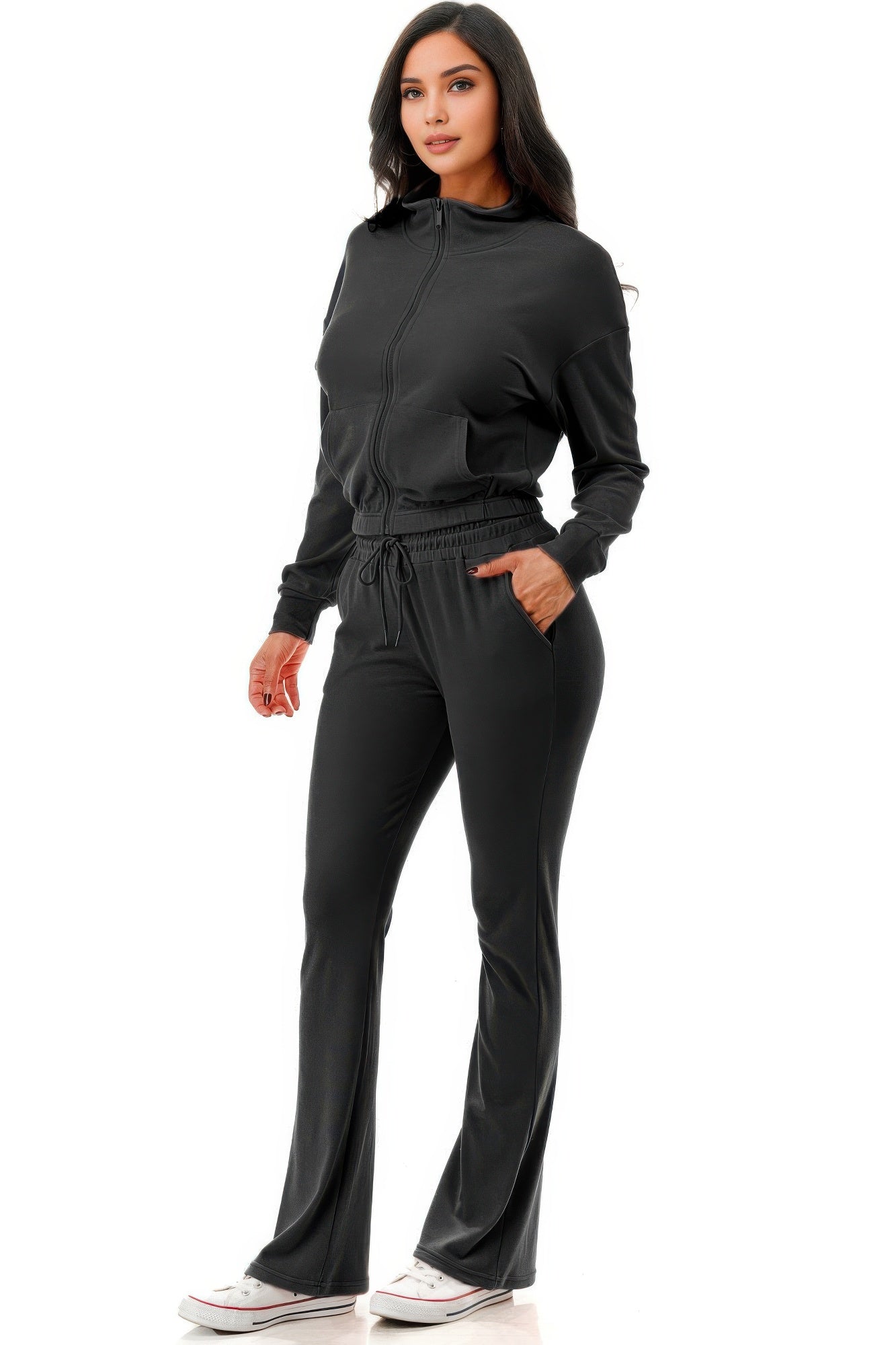 Thermal Crop Jacket With Flare Pants Set - Tigbul's Variety Fashion Shop