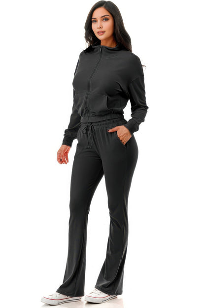 Thermal Crop Jacket With Flare Pants Set - Tigbul's Variety Fashion Shop
