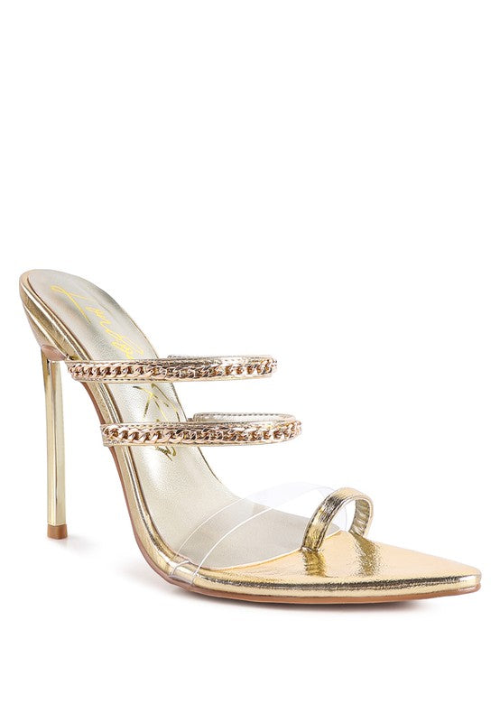 Gold high-heeled toe ring sandals with two chain-strap bands over the top