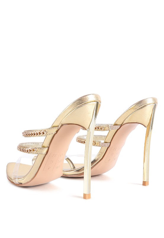 Gold toe ring high heel sandals, open side straps with decorative chain trim