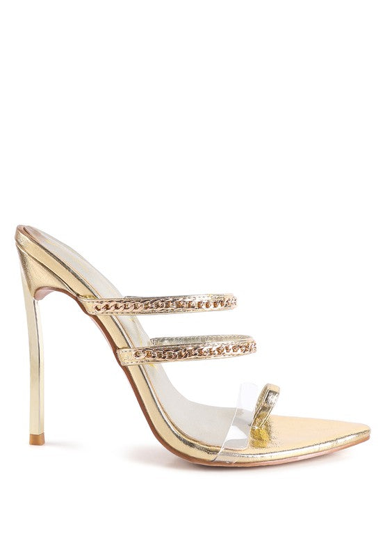 Gold Tickle Me high heel sandals with toe ring and two chain-strap details