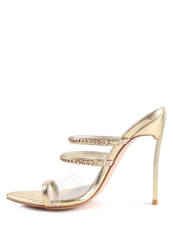 Gold high heel toe ring sandals, front view with chain-trimmed upper straps