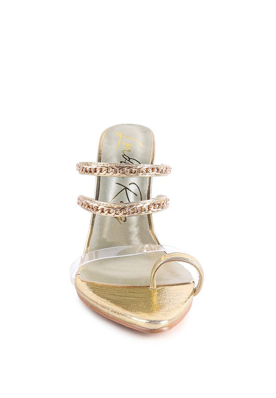 Gold heeled toe ring sandals, top view showing two chain-strap bands