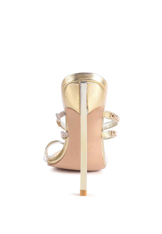Gold back view of high-heeled toe ring sandals with slim stiletto heel