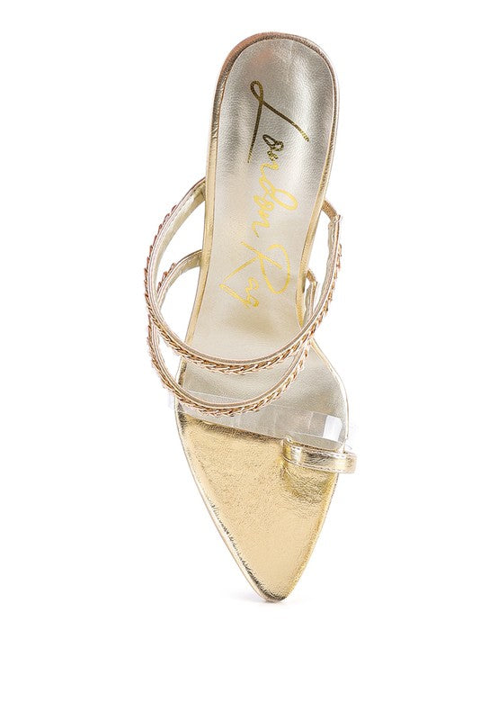 Gold mule-style toe ring sandals with chain straps and clear side cutouts