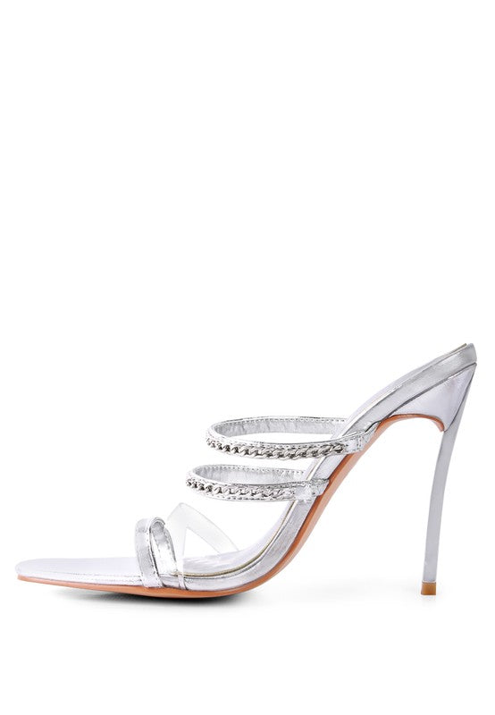 Silver high heel toe ring sandals with double chain trim across the front