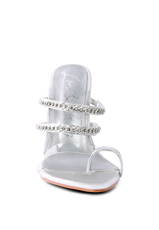 Silver mule-style heeled sandal with toe ring and rhinestone-look chain straps