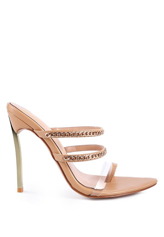 Latte heeled sandals with clear toe opening, toe ring, and double chain band
