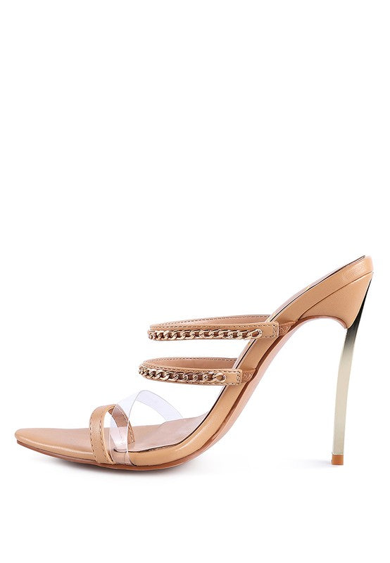 Latte high heel mule sandal with toe ring and layered chain trim over vamp