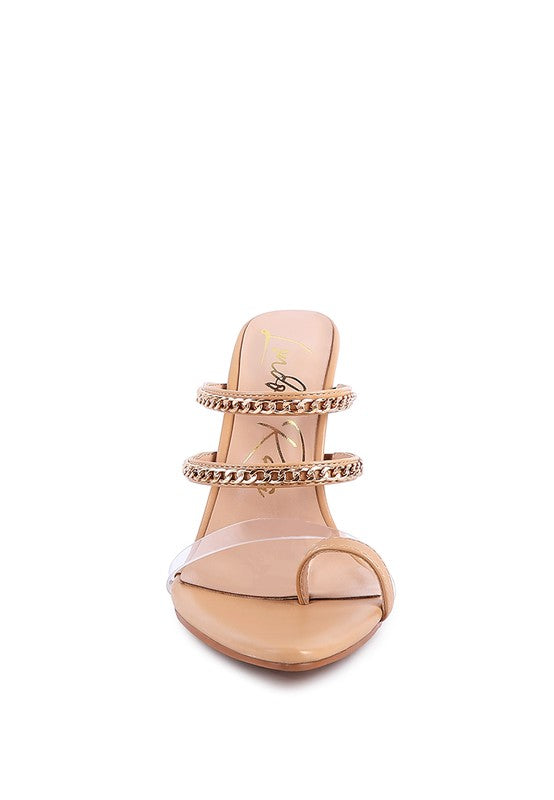 Latte toe ring heeled sandal with two gold chain bands and open toe