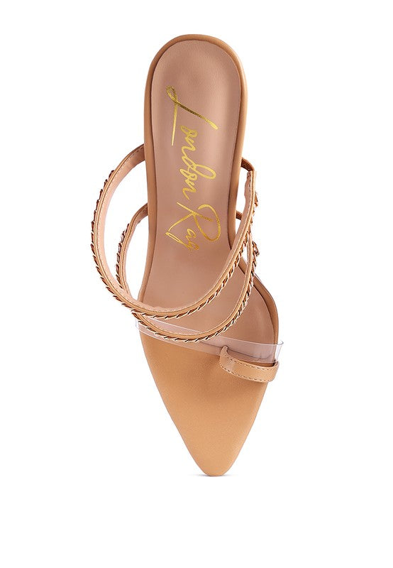 Gold-tone toe ring sandal with stacked chain straps and pointed toe heel