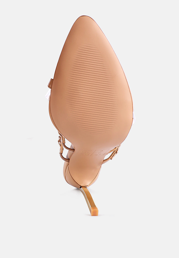 Latte sandal heel view with stiletto profile and toe ring strap