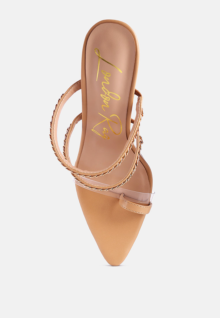 Latte toe ring stiletto sandal with chain edge stitching, rear view