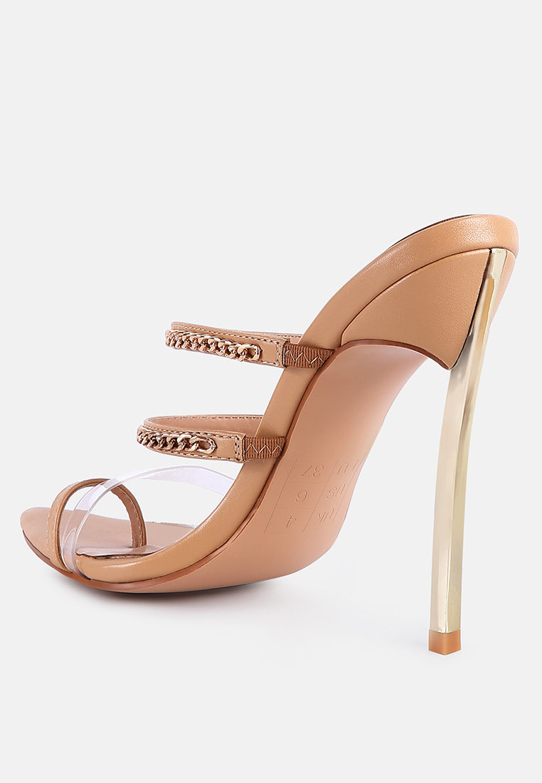 Latte open-toe stiletto sandal with toe ring and double chain bands