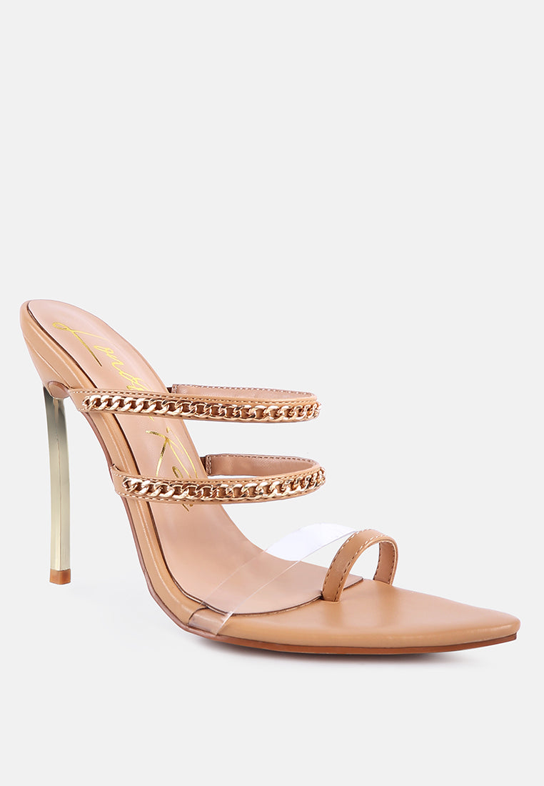 Latte stiletto sandal with toe ring, chain across the front straps