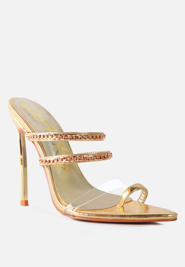 Gold toe-ring sandal with two slim straps and stiletto heel