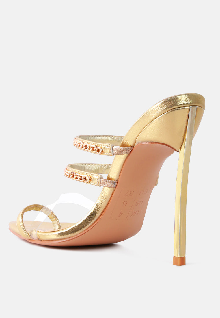 Metallic gold open-toe stiletto sandal with toe-ring strap