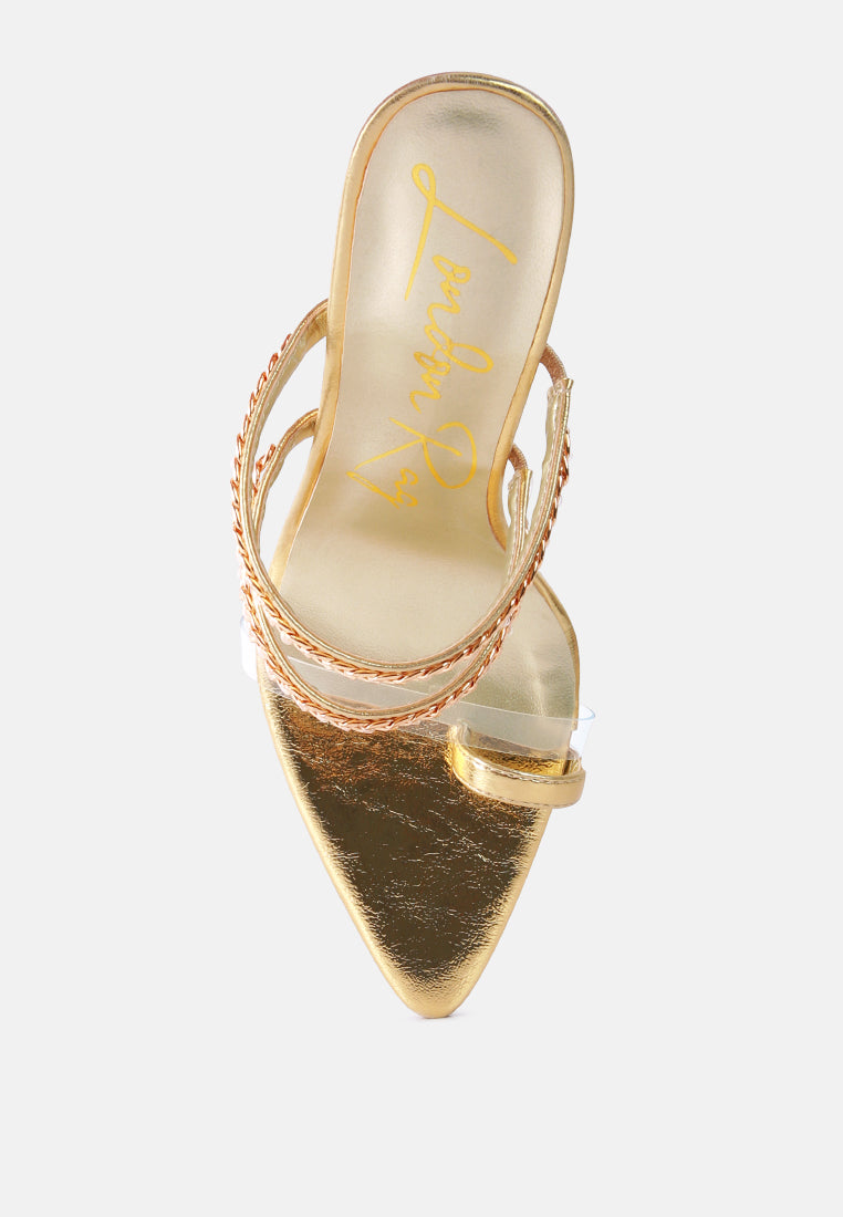 Gold pointed-toe stiletto sandal with toe-ring strap detail