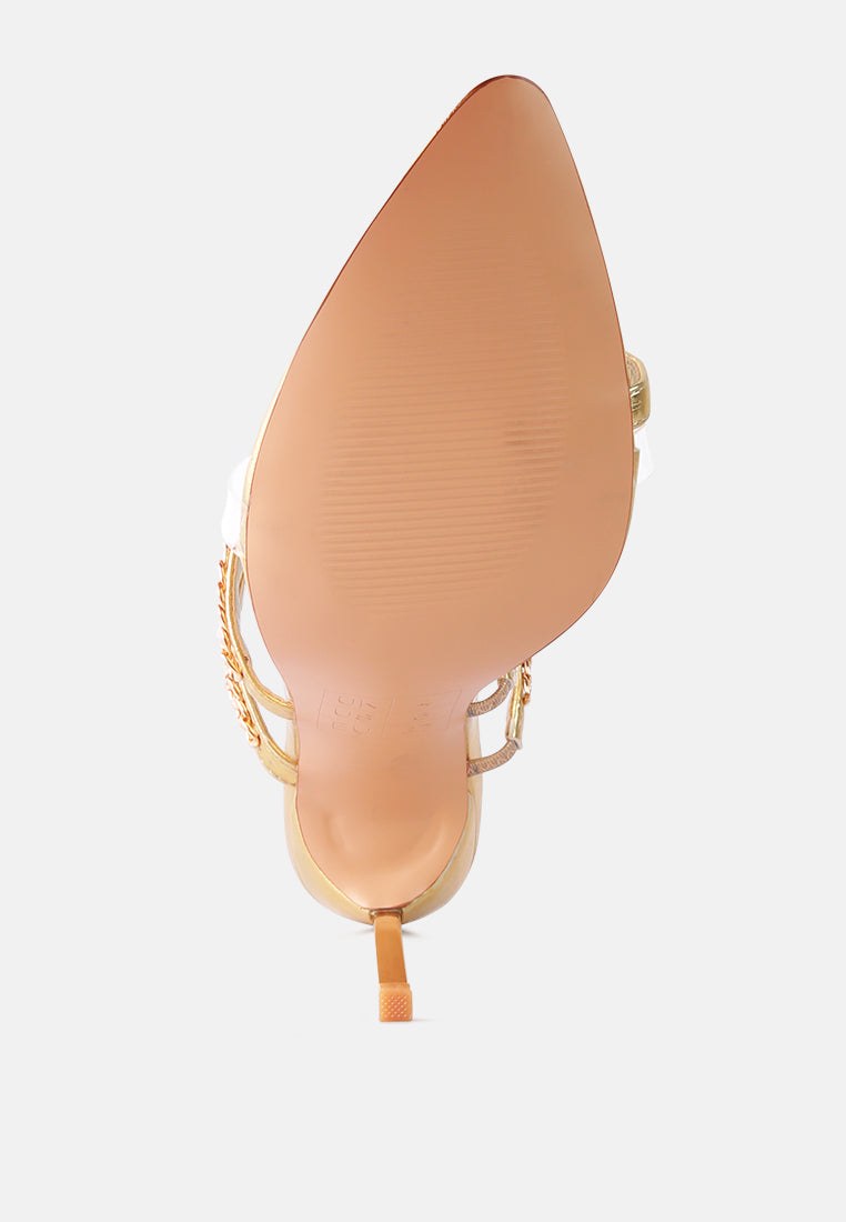 Latte-toned insole with metallic gold toe-ring sandal and stiletto heel