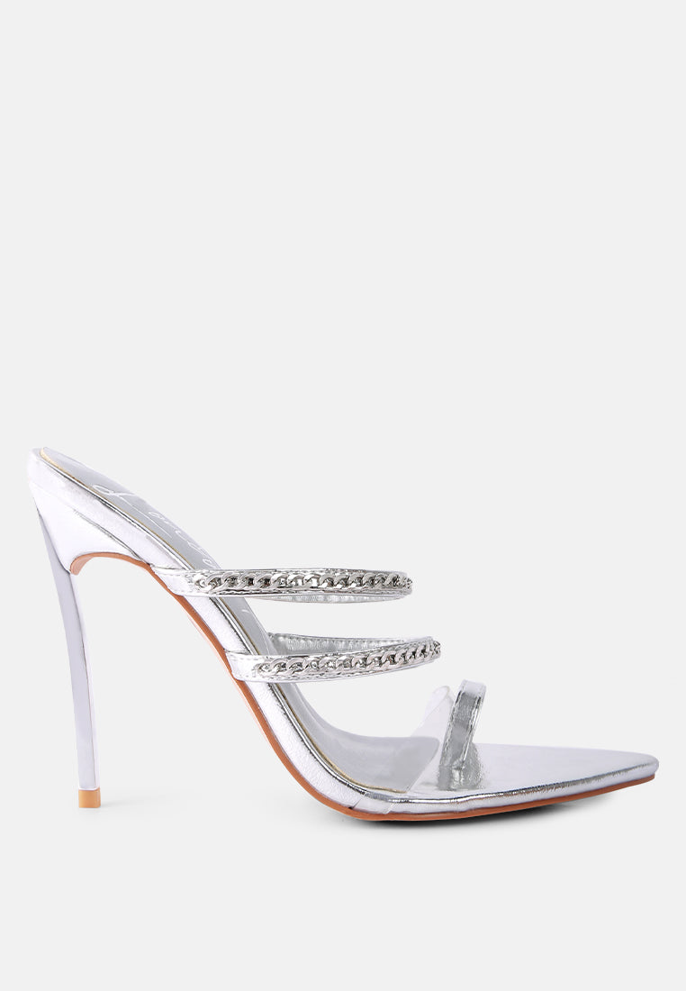 Silver stiletto sandal with toe ring and chain-strap detail, open toe