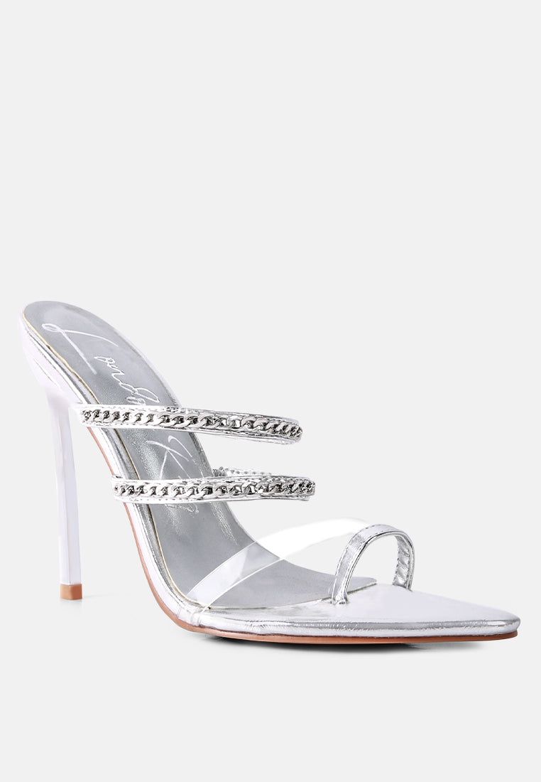 Silver open-toe stiletto sandal with clear vamp and two chain straps