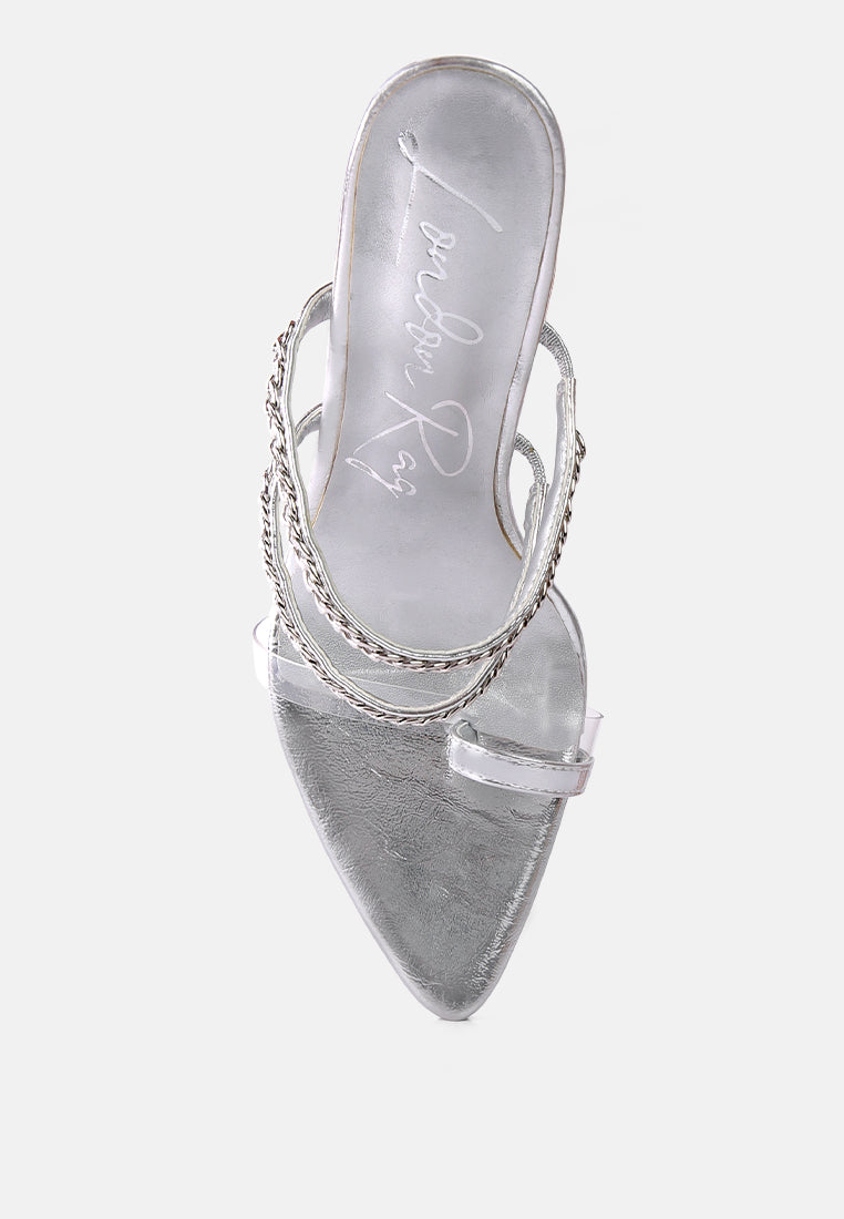 Silver mule-style slide sandal with toe ring and chain edging, stiletto heel