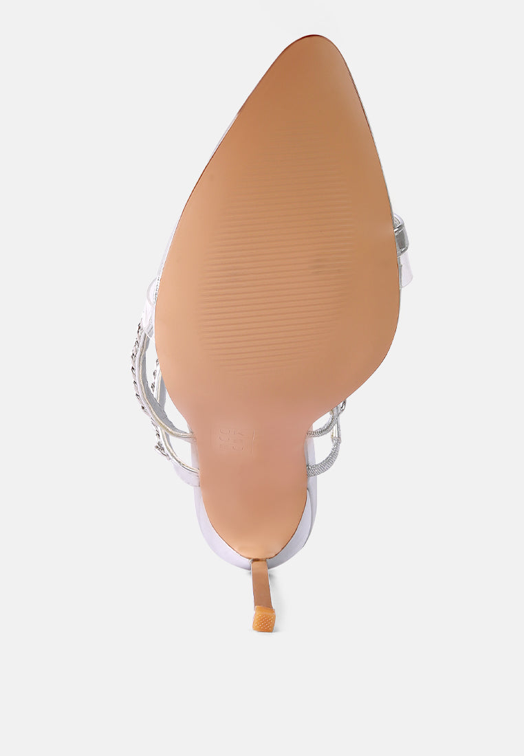 Latte stiletto sandal with toe ring, open toe, and chain-strap detail