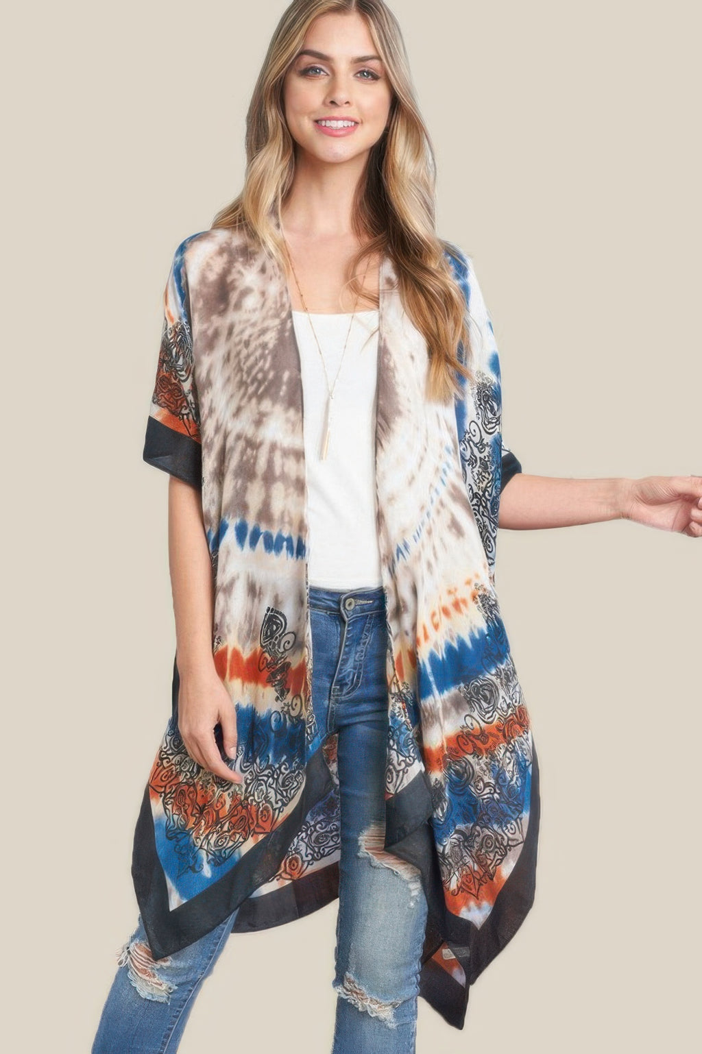 Tie Dye Boho Kimono with blue, orange, and cream patchwork pattern and black trim