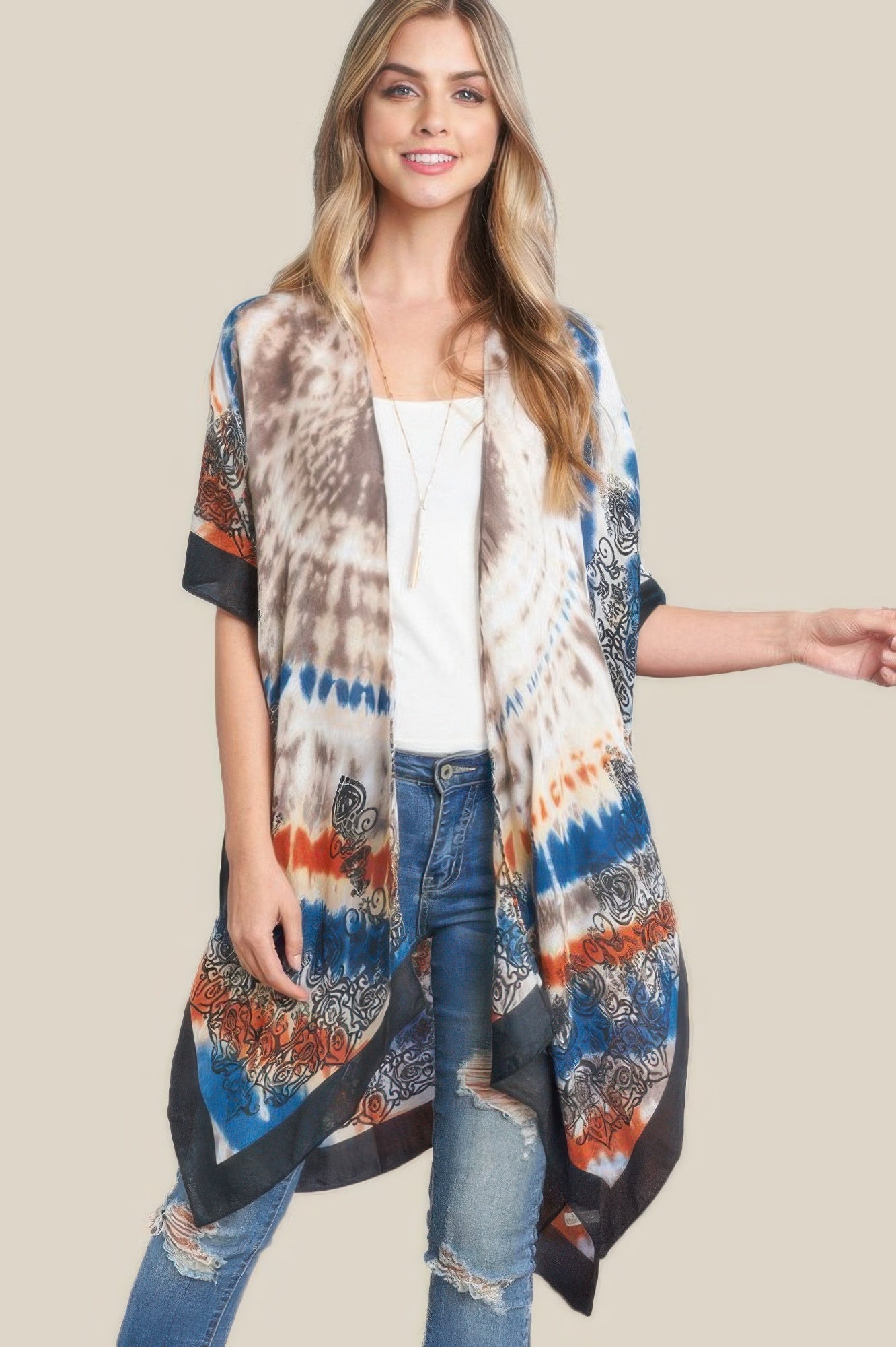 Tie Dye Boho Kimono with blue, orange, and cream patchwork pattern and black trim