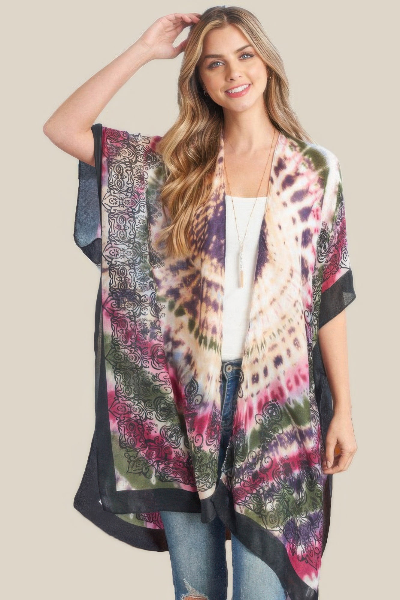 Tie dye boho kimono with purple, pink, and green swirls, black border