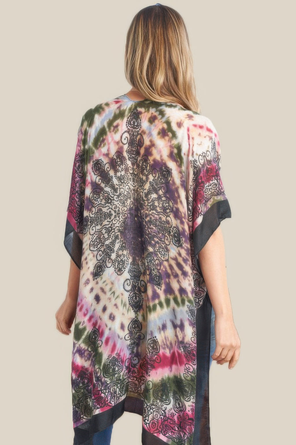 Back view tie dye boho kimono with multicolor leopard tie dye and black side trim