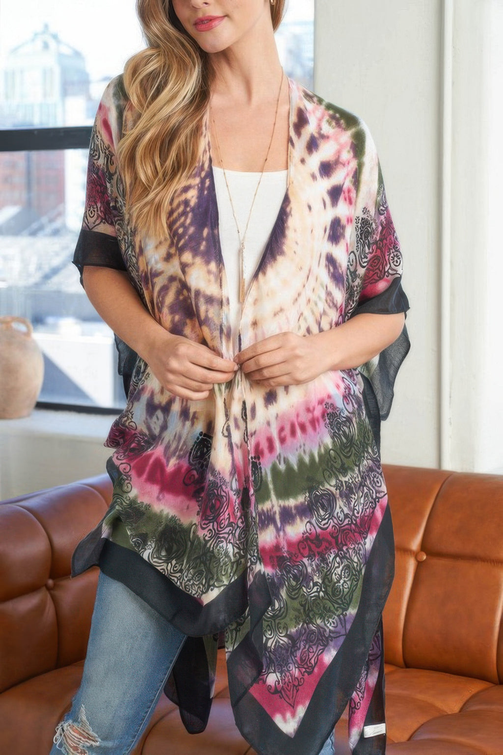 Boho tie-dye kimono in pink, purple & green with black trim, front knot