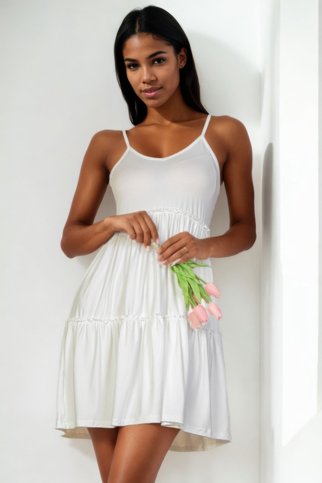 Tiered cami swing dress, white, thin straps with tiered ruffle skirt
