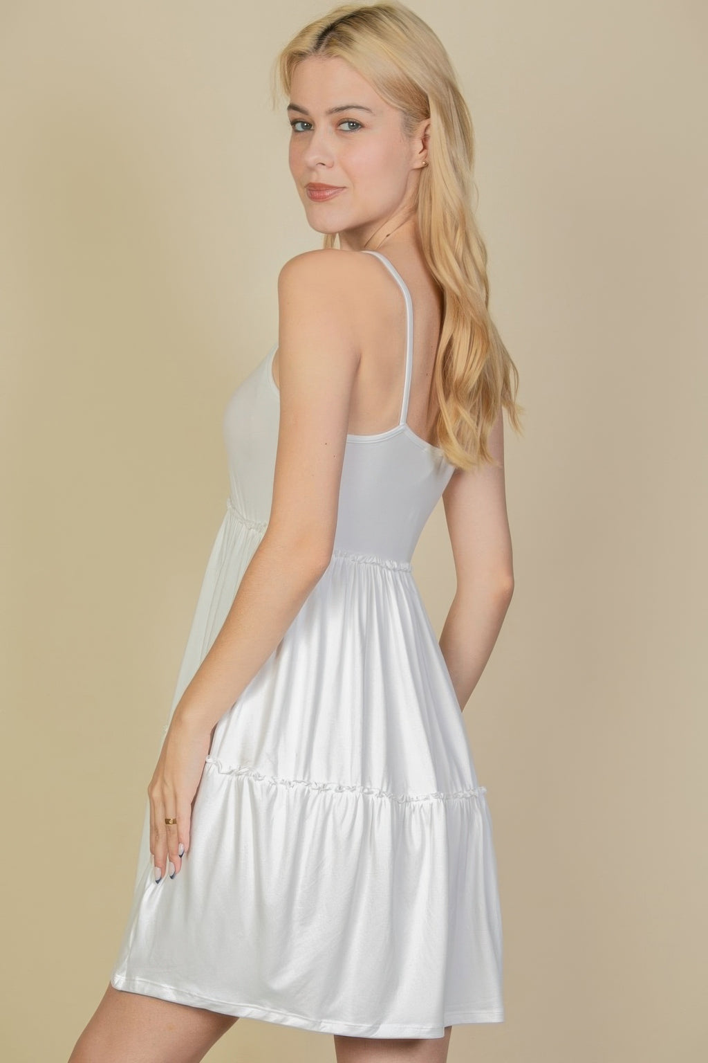 Tiered cami swing dress, white, scooped backless style with tiered skirt