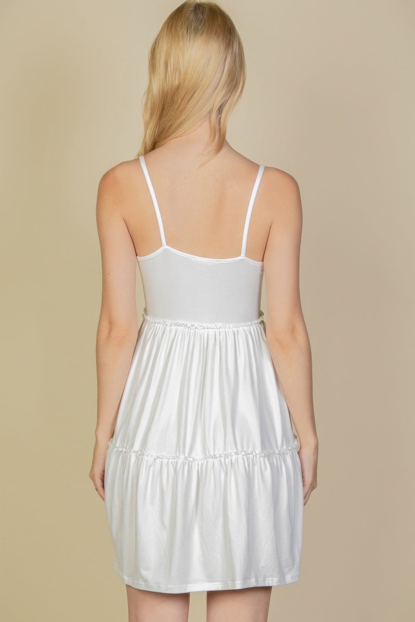 Tiered cami swing dress, white, open back view with thin straps and tiered tiers