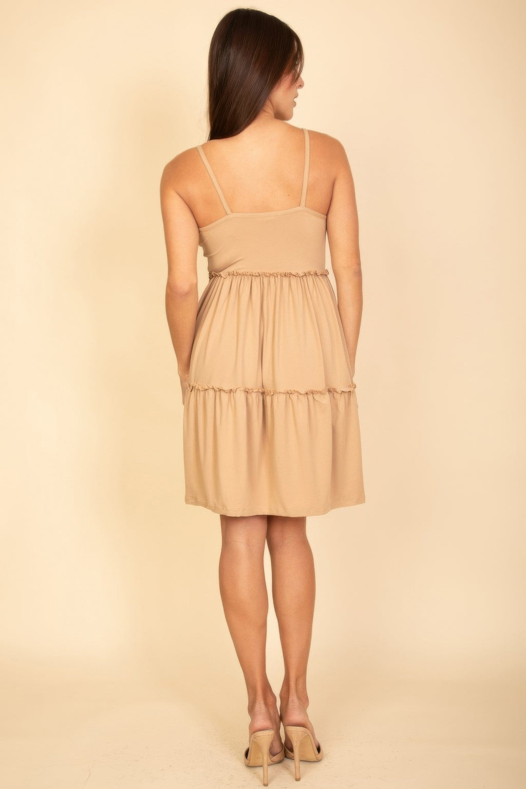 Tiered cami swing dress, khaki/tan, back view with thin straps and tiered tiers