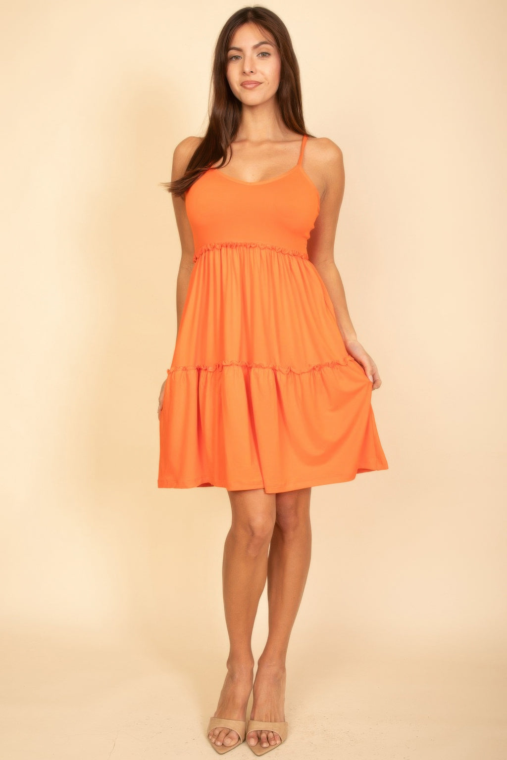 Orange tiered cami swing dress, layered skirt with ruched tier seams