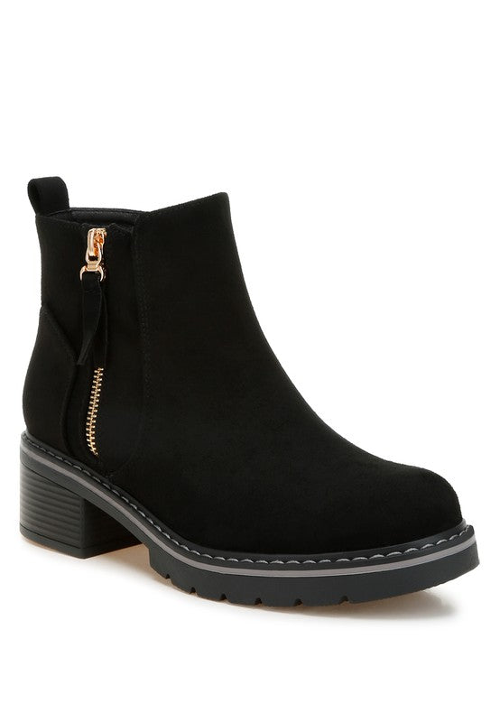 Black microfiber ankle boot with side zipper and chunky block heel