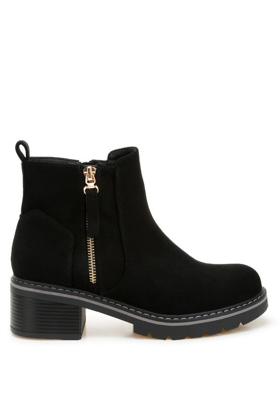 Black suede-look zipper boot with gold-toned zipper and stacked block heel