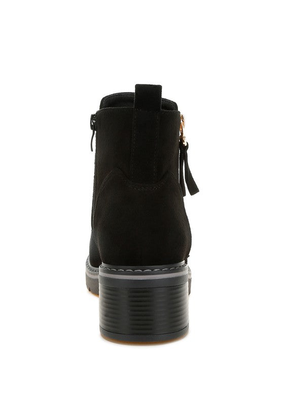 Black microfiber zipper boot, heel and back view with pull tab